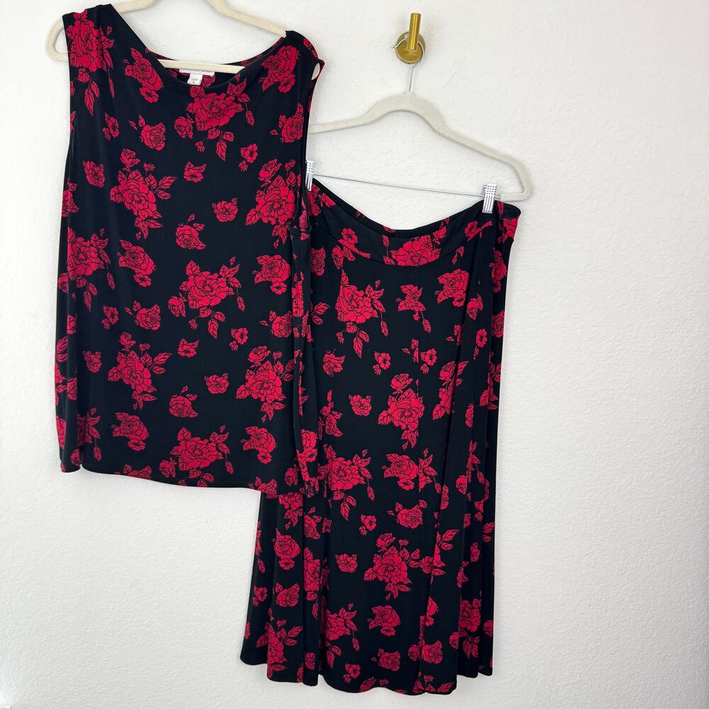 Coldwater Creek Womens Skirt Tank Set Size 1X Slinky Rose Floral Black Red